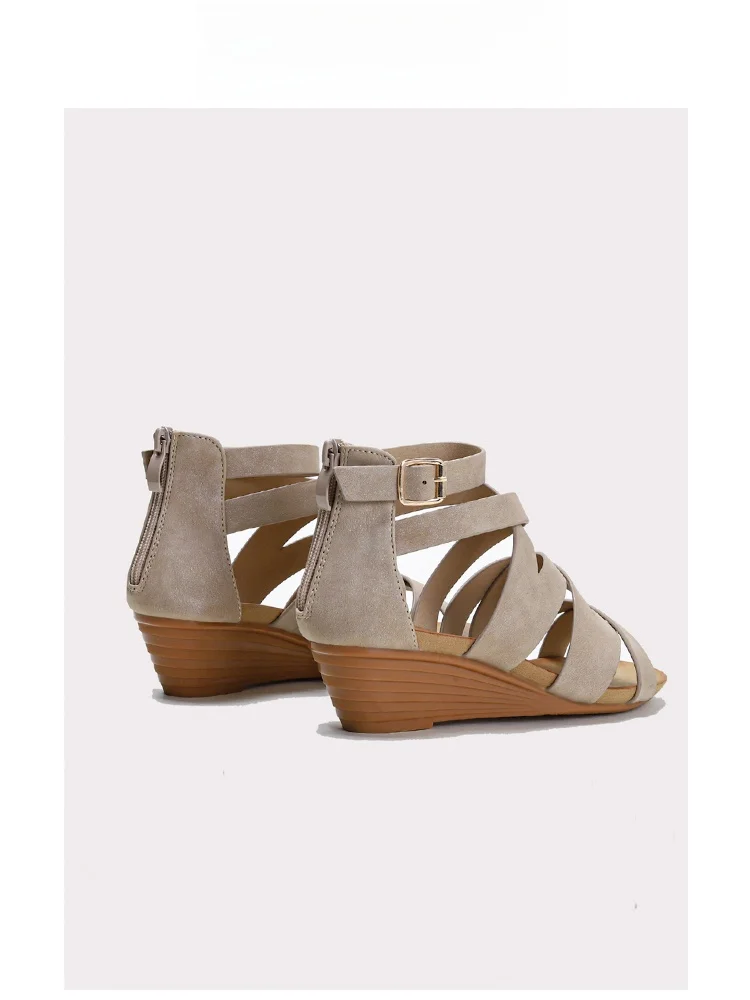 Bohemian Style Women's Sandals with Back Zipper Cross Toe Roman Style Padded Heel Comfortable Low Cut Slip-On Shoes