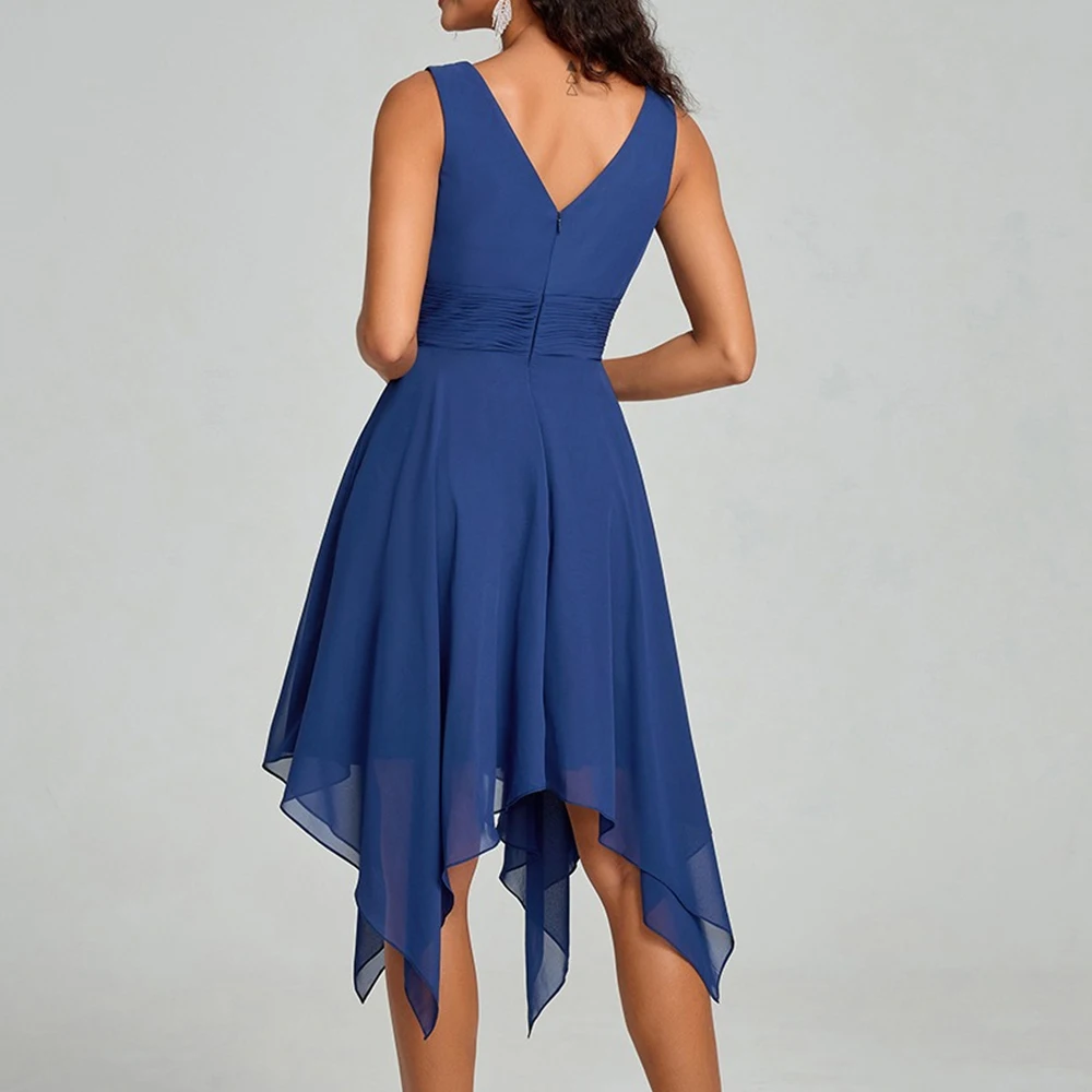 فستان سهرة شيفون فاخر مخصص على شكل حرف a بأكمام قصيرة ورقبة على شكل حرف v بطول الركبة بدون أكمام وسحاب خلفي بلون سادة Fساتين سهره نسائي #2