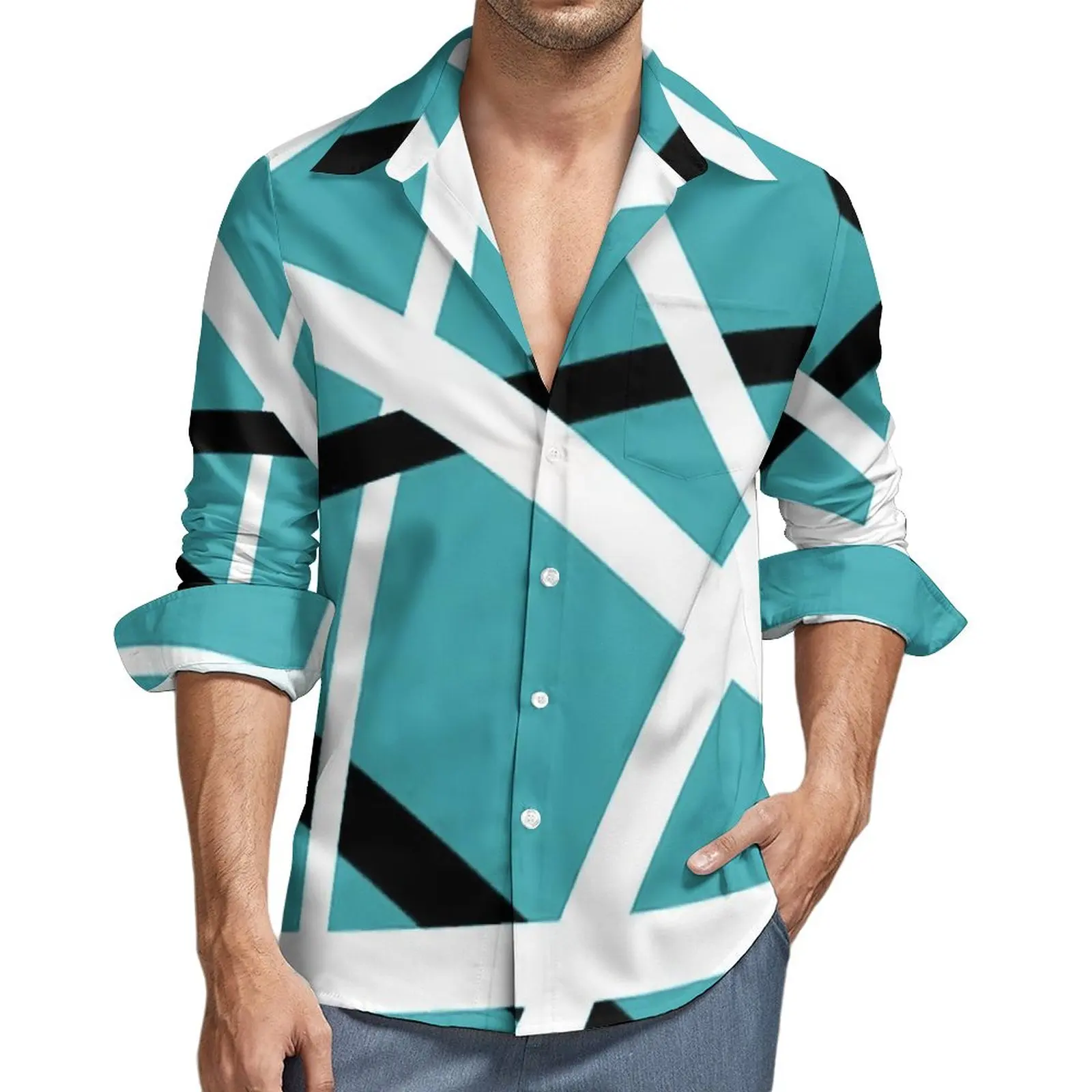 Camisa con estampado de Van Halen para hombre, camisa informal de manga larga con estampado de líneas, Estilo Vintage, talla grande, sin bolsillos, otoño