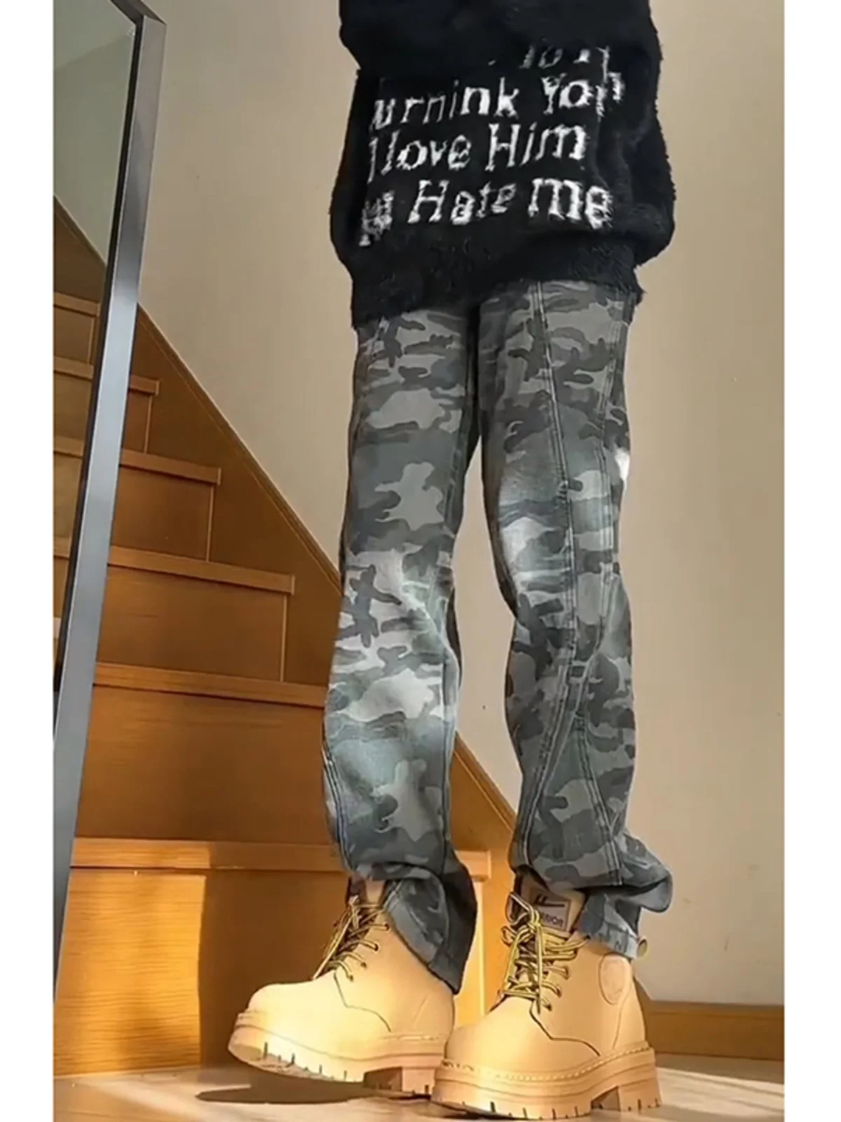 

American High Street Camouflage Pants Men's Autumn Winter Hiphop Fleece Thickened Workwear Jeans Retro Logging Pants
