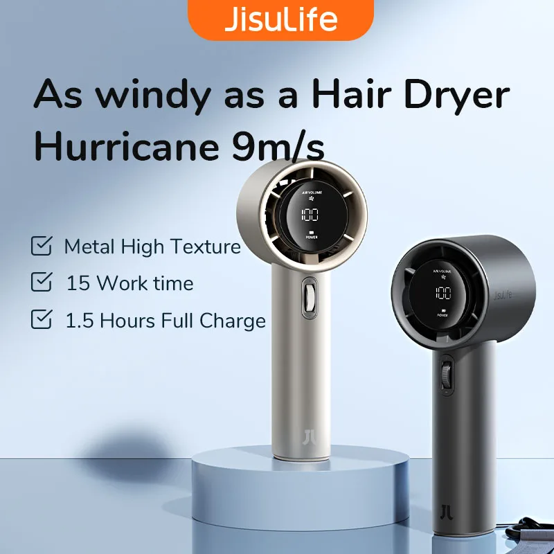 JISULIFE Mini ręczny przenośny wentylator, 100 prędkości wiatru, akumulator 5000 mAh, cyfrowy wyświetlacz LED, podróże, kemping, na zewnątrz