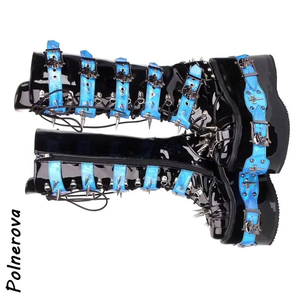 

Black Blue Rivet Buckle Boots Women's Winter Warm Dark Punk Boots Round Toe Platform Wedges Cross Tied Patent Leather Shoes