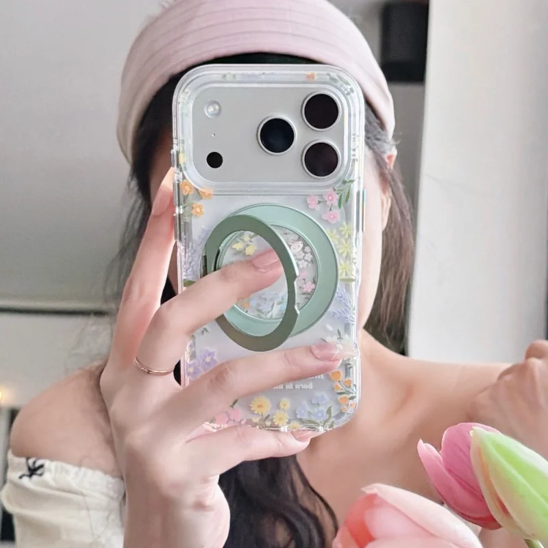 

Clear Cute Flower Painting Phone Case For iPhone 17 Pro 16 15 14 Pro Max Cover with Rotation Stand Shockproof Hard Protective Ca
