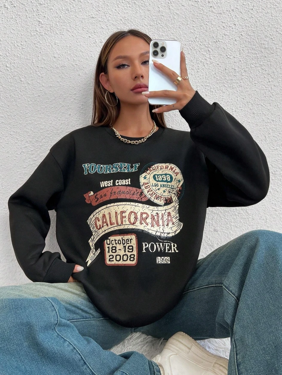 California Yourself Letter Printed Women Sweatshirt Harajuku Casual Hoody Fashion Loose Hoodie Warm Vintage Fleece Female Tops