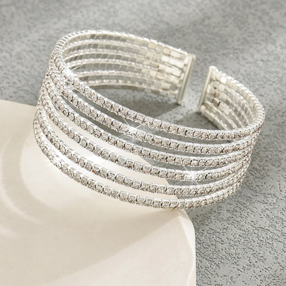 Multi Rows Full Rhinestone Open Bangle For Women Silver Color Sparkling Crystal Stone Evening Party Bangle Fashion Jewelry