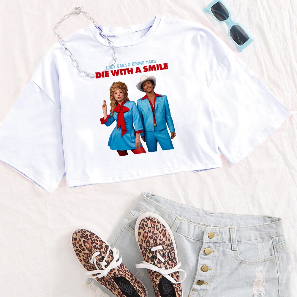 Lady Gaga Bruno Mars Die With A Smile Girls O-Neck Casual Women Crop Shirts