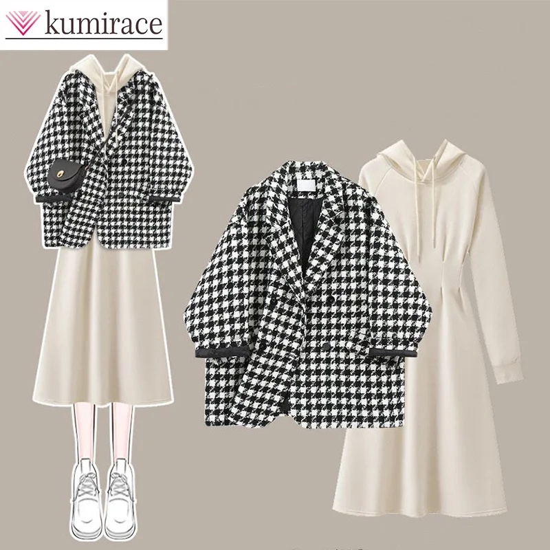 Long Sleeved Dress Autumn and Winter Set for Women in 2023 New Black and White Checkered Jacket Hoodie Long Skirt Two-piece Set