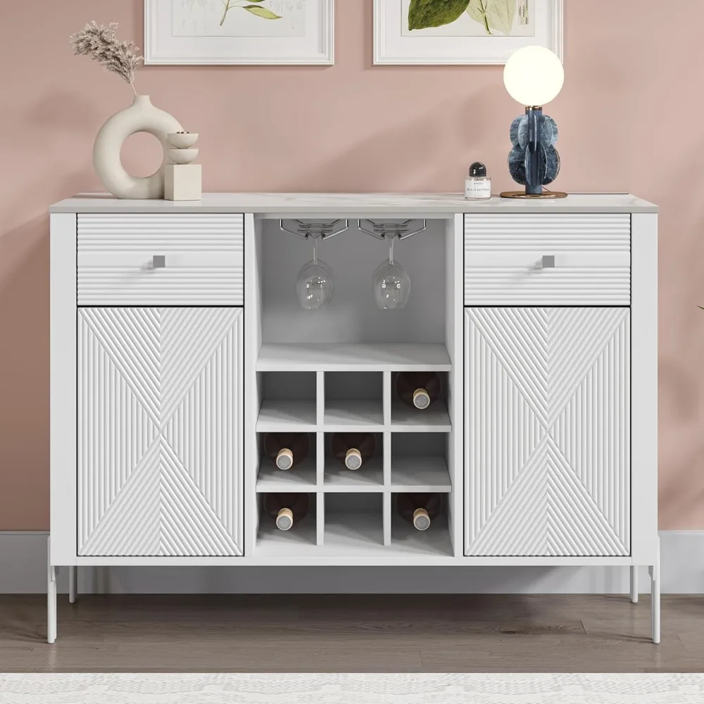 

42 Inch Wine Cabinet with Two Doors & Drawers, Open Glass & Wine Rack, Marbling Pattern Countertop, Storage Shelves