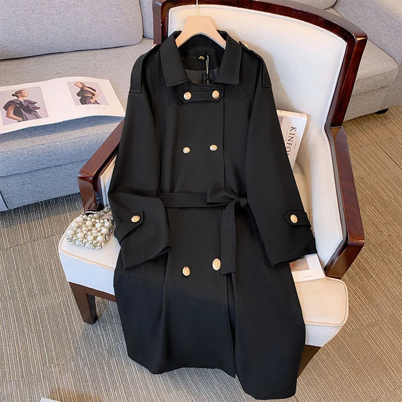 150Kg Plus Size Women's Bust 160 Autumn Long Trench Coat Loose Double Breasted Windbreaker Black Brown 6XL 7XL 8XL 9XL 10XL