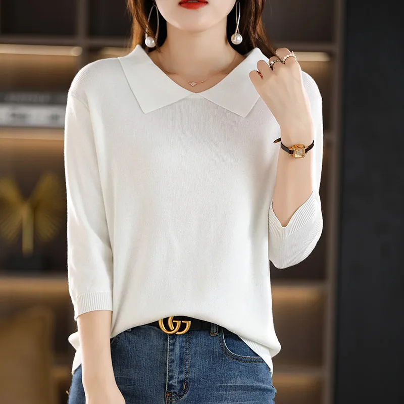 Women's T-shirt Spring/Summer Worsted Doll Collar Knitwear Casual Ladies Tops Loose Blouse Basic Pullover Tees Quarter Sleeve