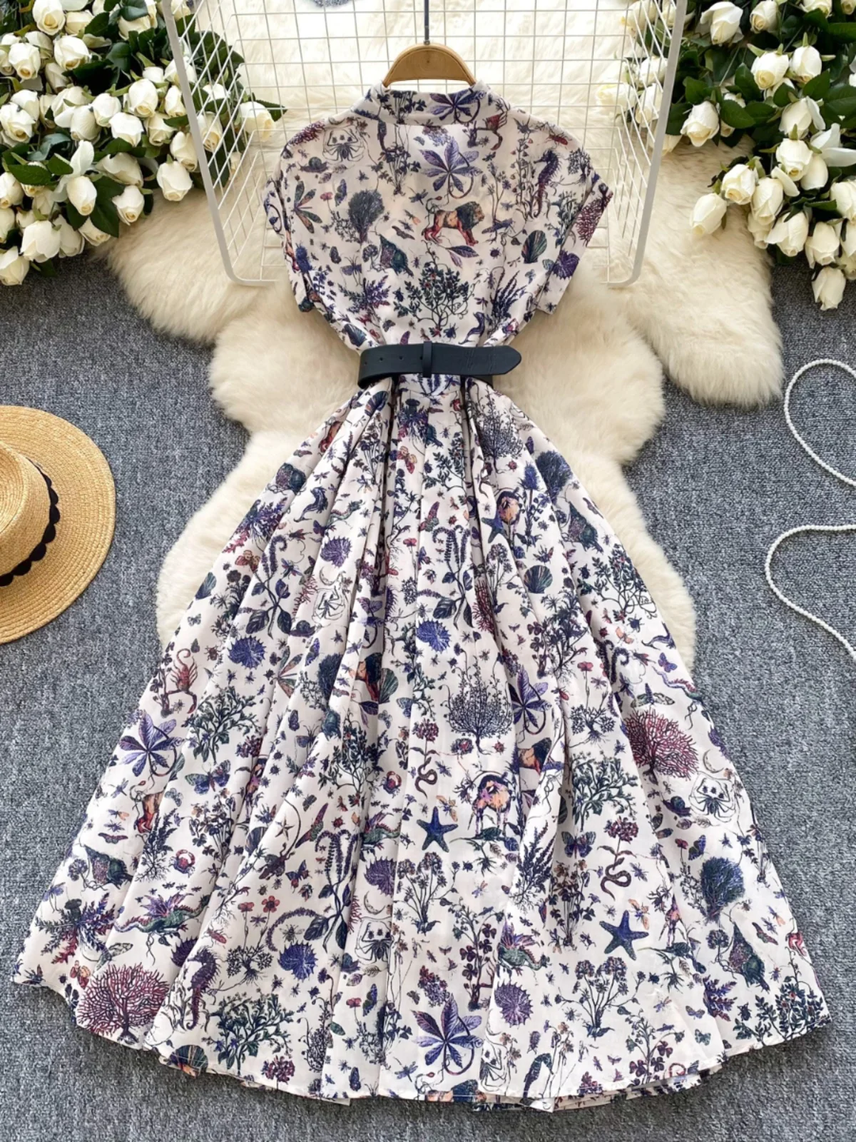 우아하고 세련된 여성용 빈티지 칼라 반팔 드레스 하이웨이스트 플리츠 슬림 프린트 셔츠 롱 드레스 한국 스타일