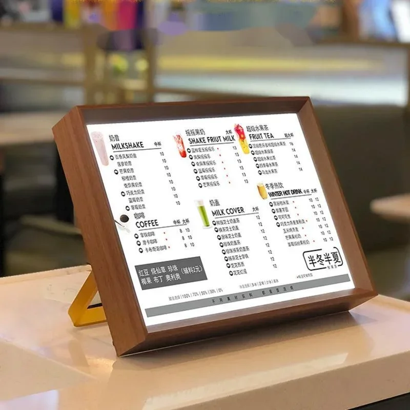 

USB Luminous Display Board LED Menu Wooden Frame for Bar or Milk Tea Shop Creative Price List Rack for Front Desk Use