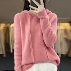 Reine Wolle Kapuzen pullover Frauen einfarbig Langarm Top Herbst Winter Mode neu in Strick weibliche warme lose Pullover Pullover