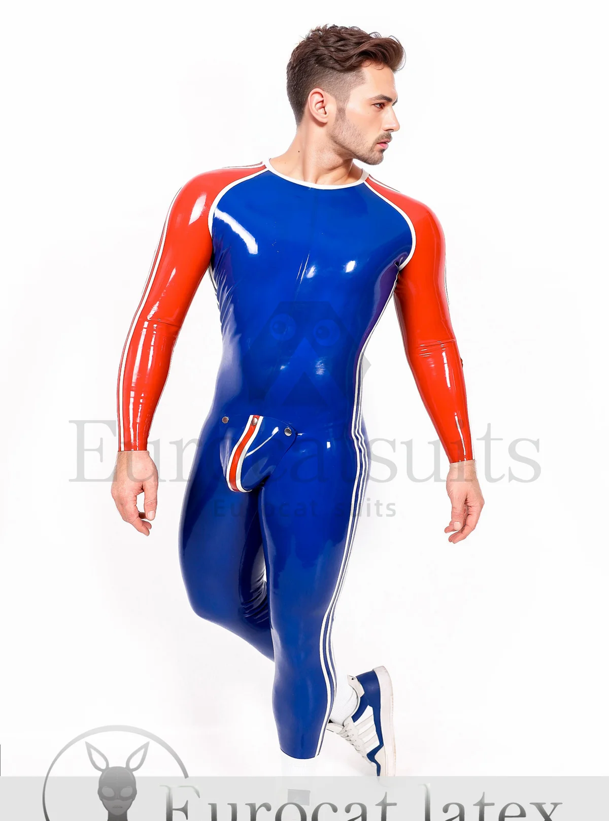 Catsuits in lattice uomo eurocat abiti latex rubber fetish personalizzato uomo \'Sportsman\' girocollo con Codpiece