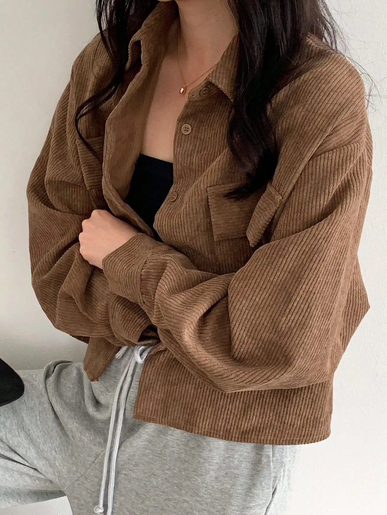 

Women's Dropped Shoulder Corduroy Jacket with Front Pockets, Casual Long Sleeve Autumn Winter Top