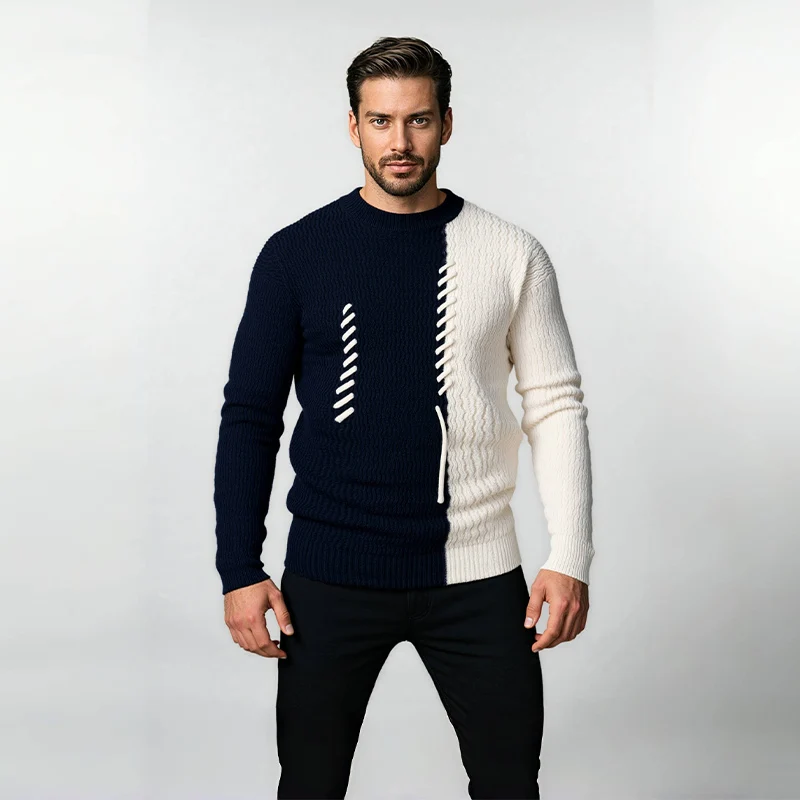 Autumn Winter Men's Thickened Knitted Sweater Trendy Korean Version Casual Scene Patchwork Pullovers