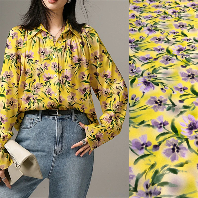 

Soft Comfortable Yellow Floral Print Elastic Twill Satin Clothing Fabric Luxury Dress DIY Sewing Material Mulberry Silk Fabric