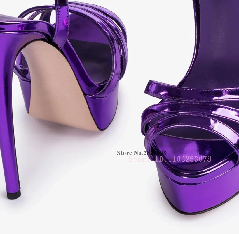 Three Bands Stiletto Straps Purple Metallic Platform Sandal Super Heeled Ladies Thin High Heel Sandals Women Summer Shoes