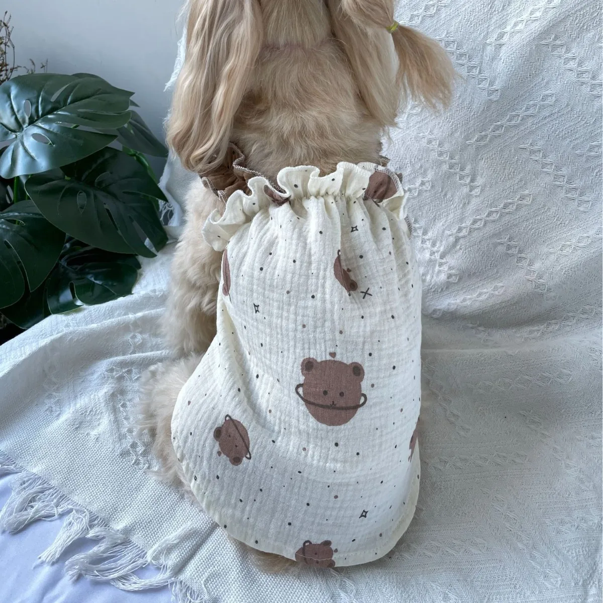 Ruffle Princess Sling Pet Dress Space Bear Print Universal Dog Cat Outfit For Teddy Puppy Indoor Outdoor Daily Pet Clothing view 3