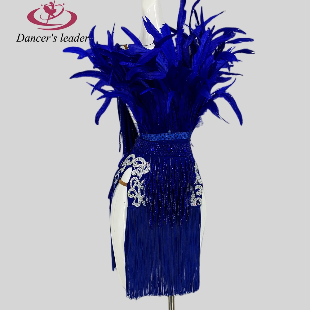 

Latin Dance Dress Flower Feather Style With Diamond Strap Tassel Cha Cha Tango Adult Stage Professional Clothing