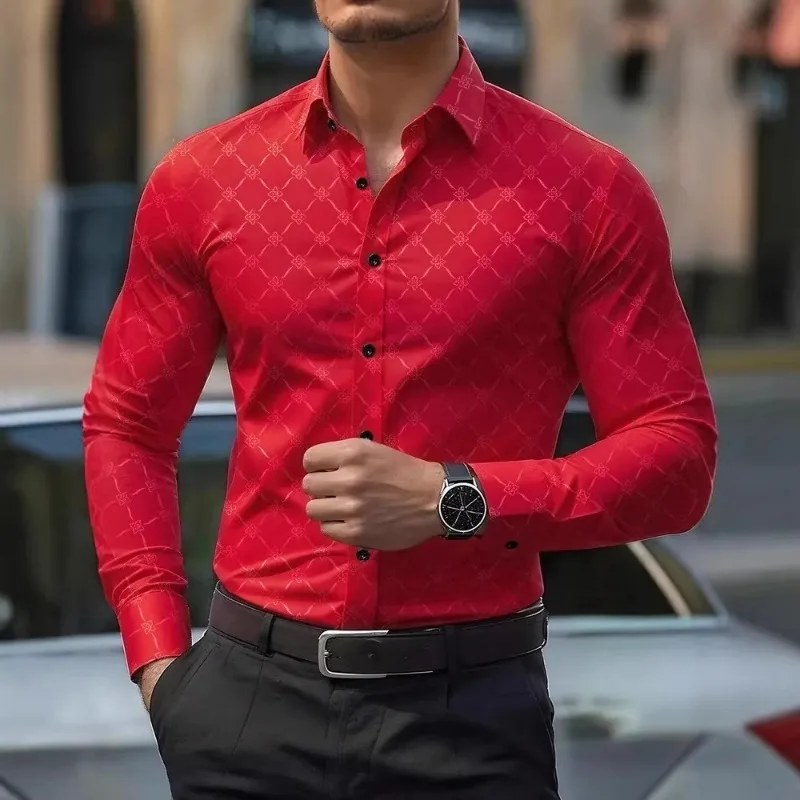 

Мужская коричневая рубашка с геометрическим стеганым принтом, длинным рукавом, приталенного кроя, на пуговицах, для вечеринок и свадеб