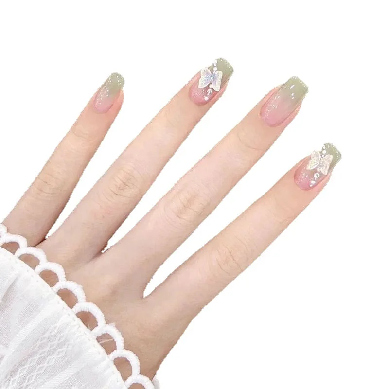 

Pure handmade phototherapy wearing nail fairy grass green butterfly reusable nail patch removable
