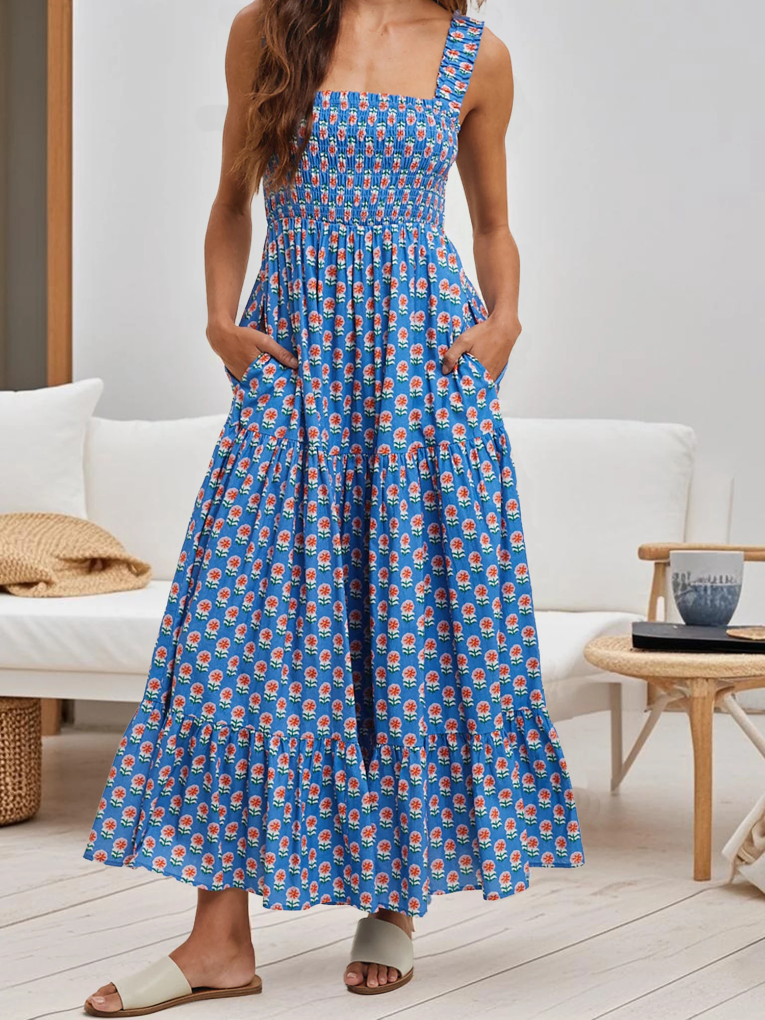 Abito lungo Boho da donna con spalle scoperte, volant, stampa floreale, senza maniche, vita smock, abito lungo da spiaggia estivo con tasche