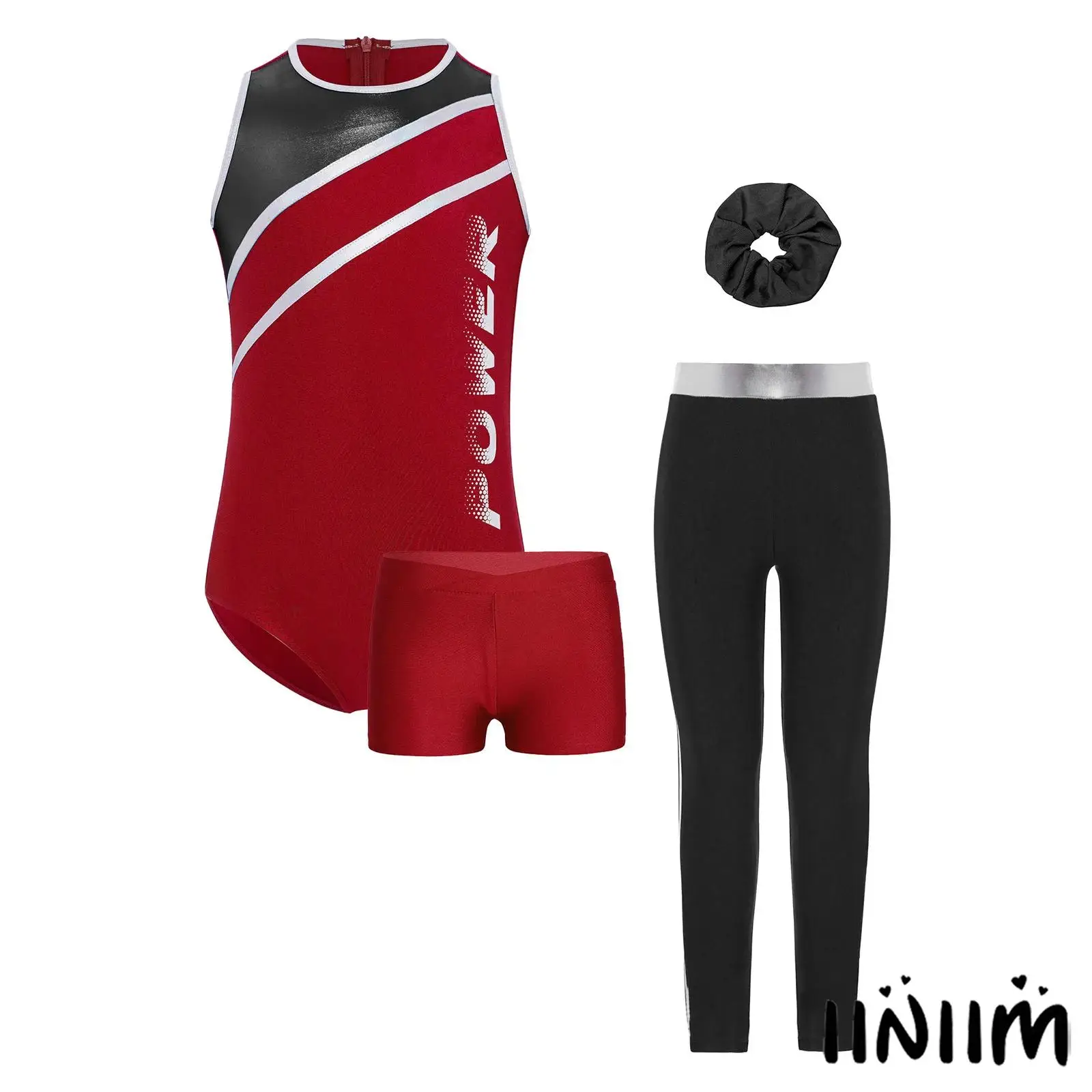 

4Pcs Kids Girls Gymnastics Figure Skating Dance Outfit Sleeveless Leotard with Leggings V-front Waistband Shorts And Hair Band