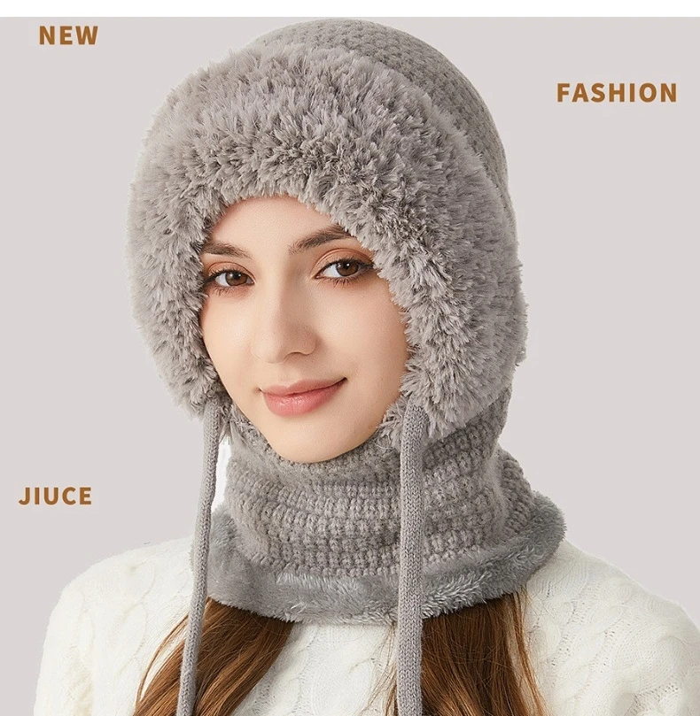 Big Head Fit One-piece Hat Women Winter Padded Thickened Face Covering Knitted Hat Neck Mask Warm Large Size Soft