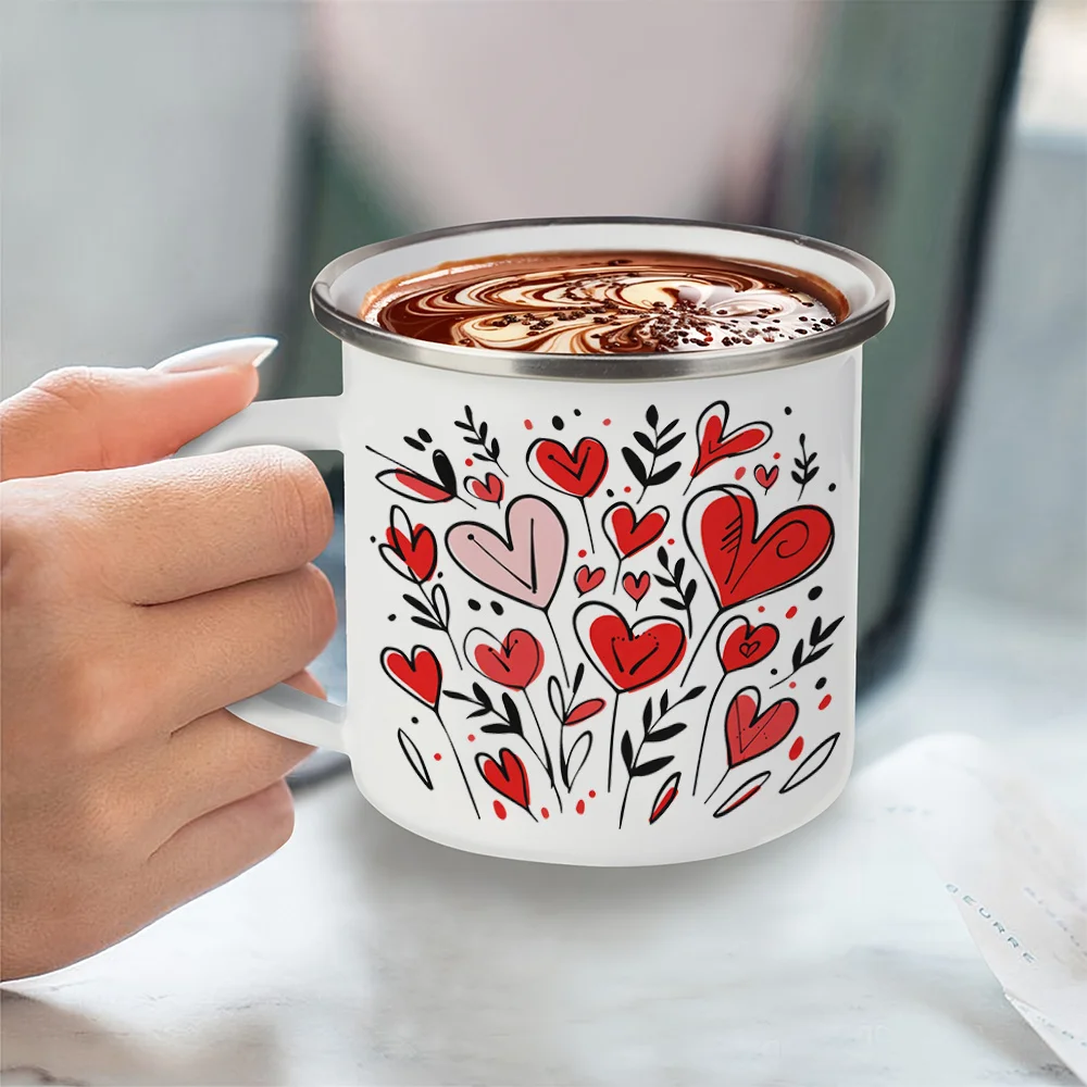 

12Oz Enamel Coffee Cup - Playful Floral Heart Pattern Insulated Cup - Great for Both Hot And Cold Drinks, Suitable for Home