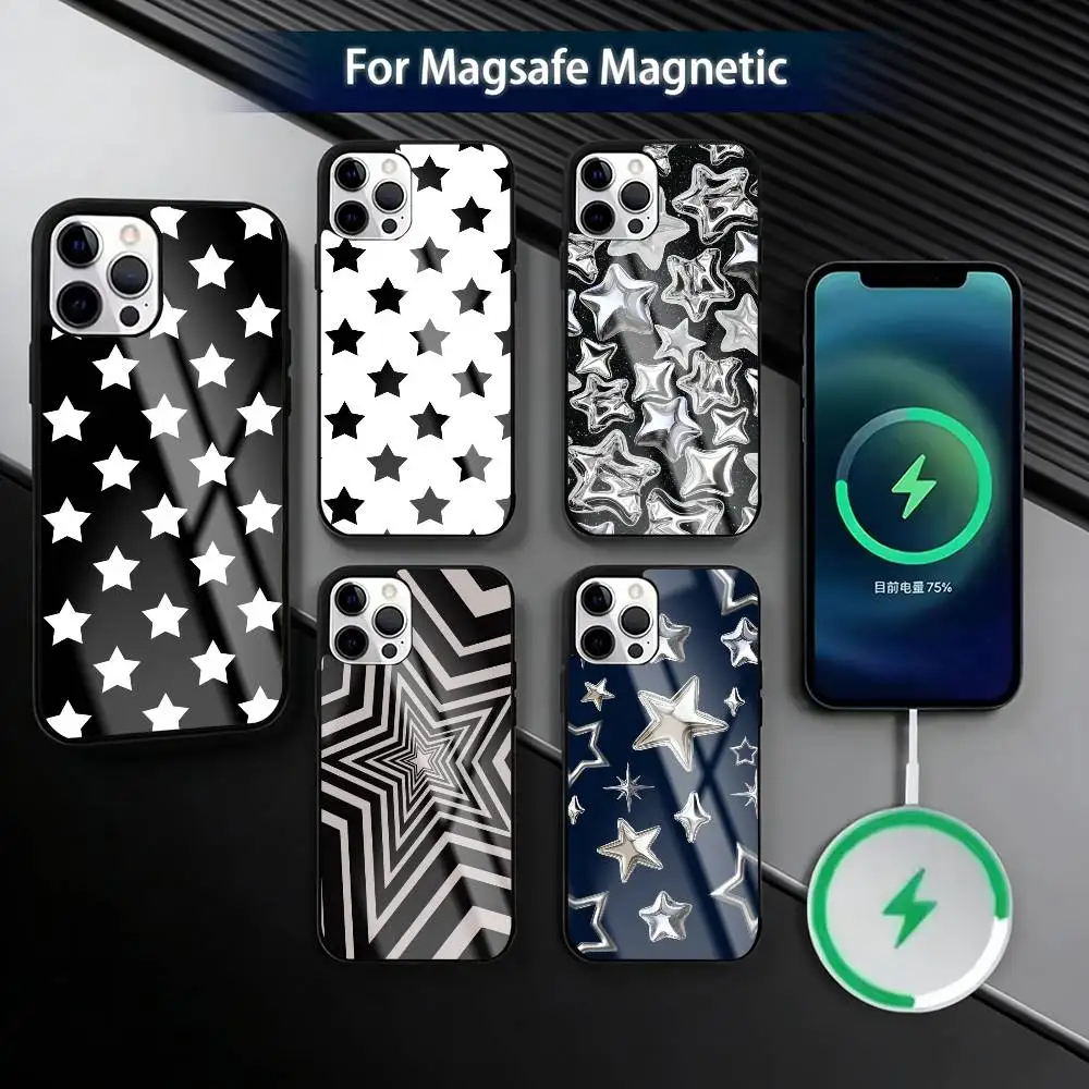 

Черно-белый чехол для телефона с звездами для iPhone 17, 16, 15, 14, 13, 12, 11 Plus, Pro, магнитный, с поддержкой беспроводной зарядки MagSafe