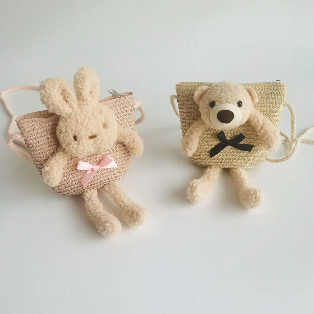 

Cute Bear Girl's Shoulder Bags Colorful Straw Children's Messenger Bag Princess Mini Bow Handbag Crossbody Child Girl Coin Purse