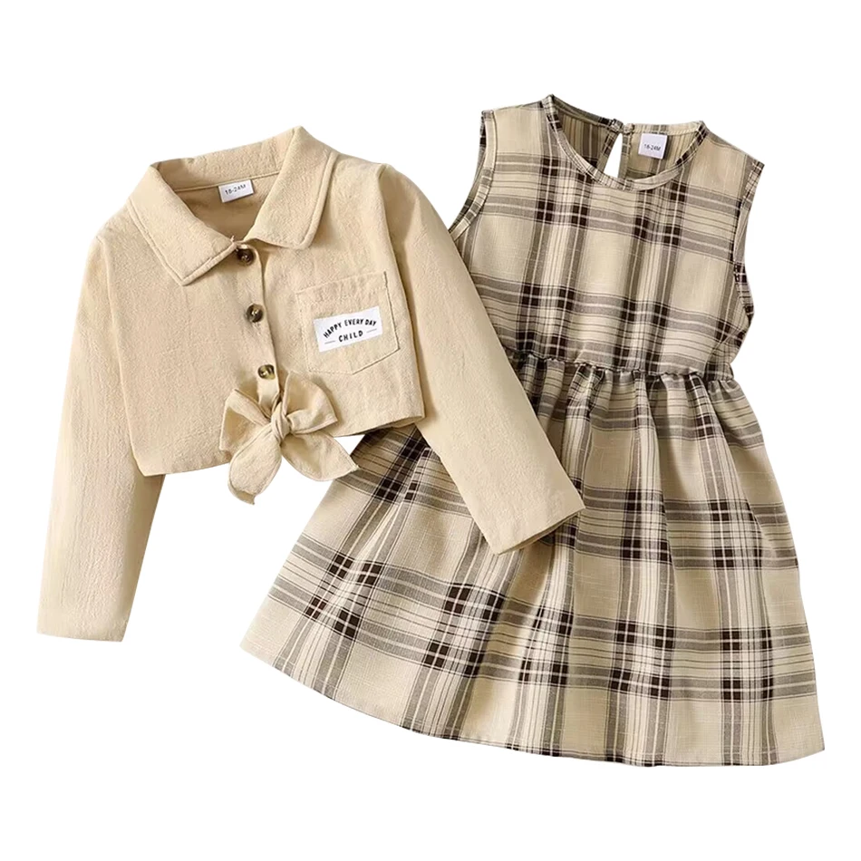 Spring and Autumn Elegant Girls Almond Colored Outfit Fashion Featuring Jacket and Dress Children Sets Perfect Outdoor Activity