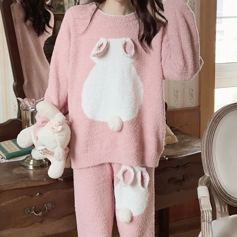 Cartoon Cute Rabbit Pajamas Women's Autumn and Winter Warm Thickened Soft Cloud Velvet Girl Heart Home Suit Winter Comfortable