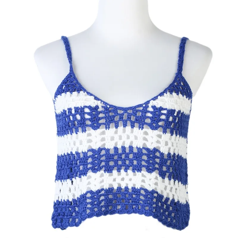 

Crop Tops Women White Blue Striped Tank Top Hollow Out Crochet Top Hollow Suspender Knitted 2024 Summer Crochet Top