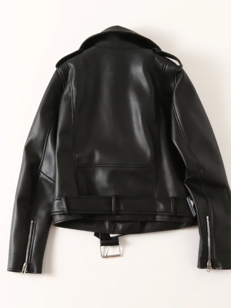 Women Black Leather Jacket Spring Autumn Lapel Short Moto Biker Coat Female Slim Long Sleeve Streetwear Faux Leather Jackets