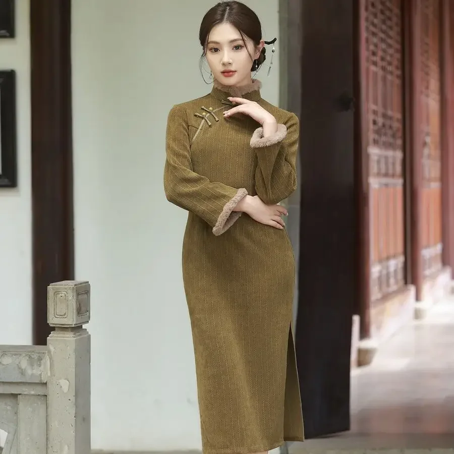 

Yourqipao Improved Autumn Green Women's Long Sleeve Cheongsam 2023 New Winter Chinese Traditional Qipao Hanfu Evening Dresses