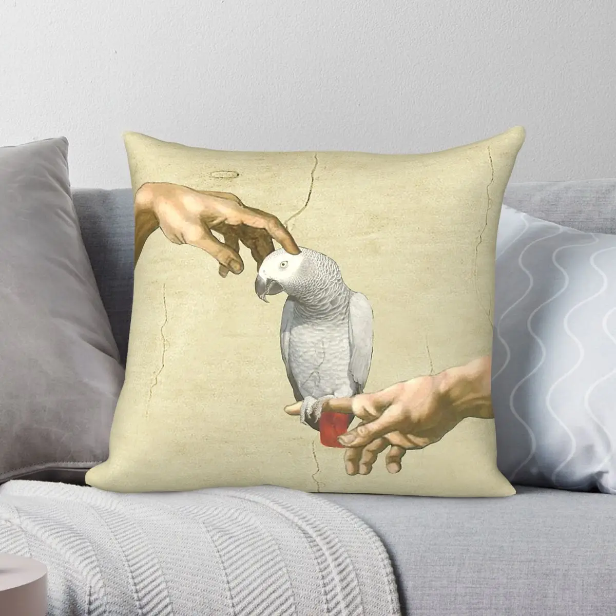 Creation Of Adam Grey Parrot Square Pillowcase Polyester Linen Velvet Creative Zip Decorative Car Cushion Cover