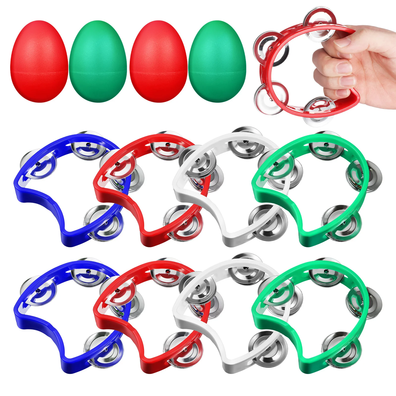 

8Pcs Handheld Plastic Tambourines Bell Maracas Egg Shakers Percussion Set Colorful Lightweight Musical Instruments for Kids