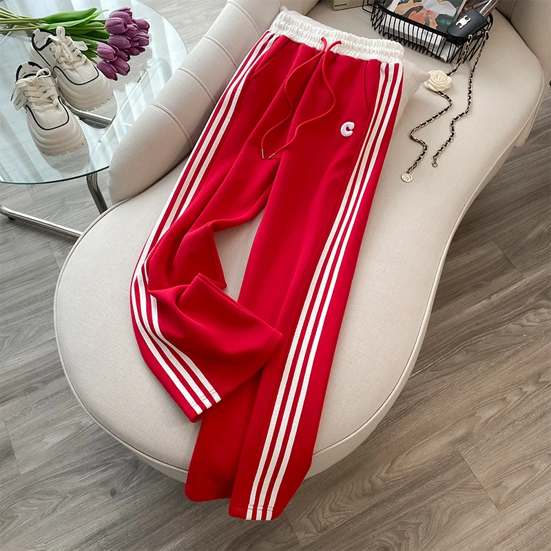 2024 versione coreana rosso corto top tuta sportiva donna primavera autunno inverno pantaloni larghi ed eleganti Casual a gamba larga in due pezzi