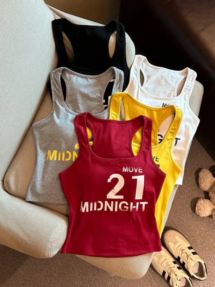 

Summer Dopaamine Letter Print Spicy Girl Vest with Built-in Chest Pad Slimming Sleeveless Strap Women's Fashion Korean Style