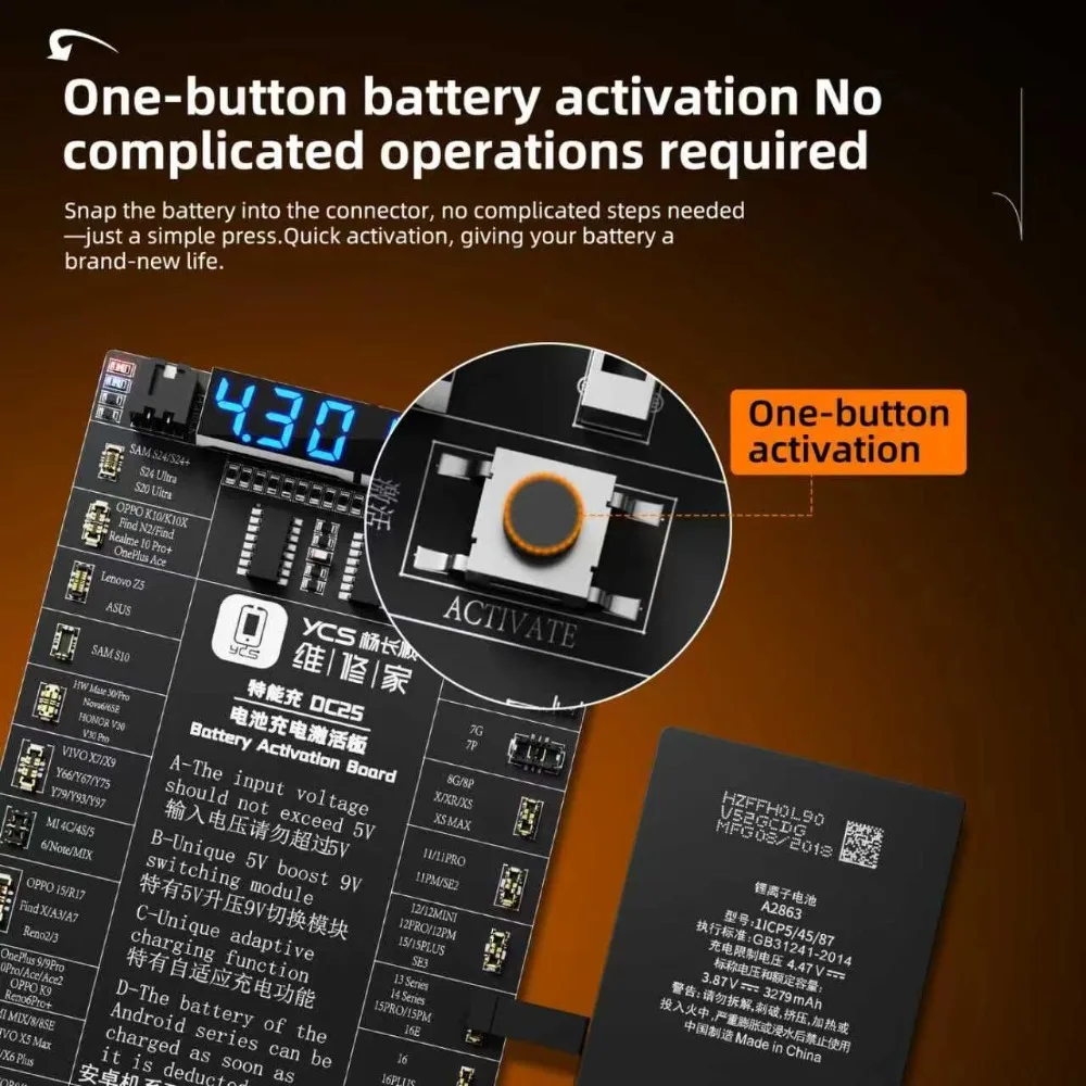 

YCS DC25 Battery Charging One-button Activation Board 5V/9V Switch Toggle Support IP6-16Series Android for Mobile Phone Repair