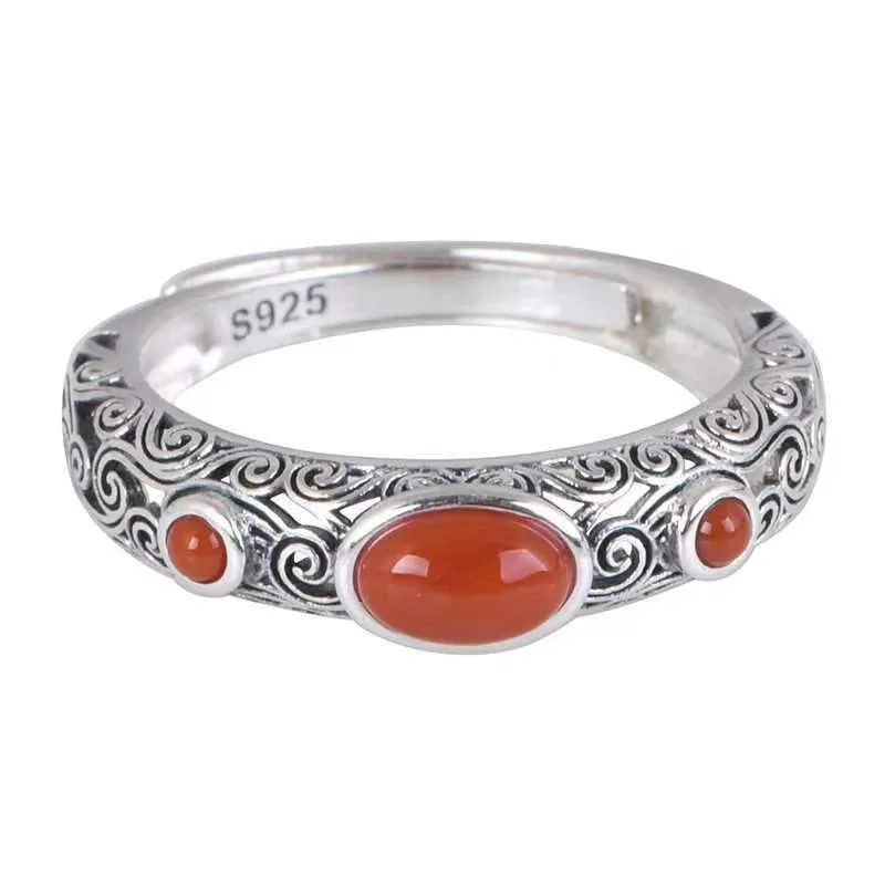 Vintage Ethnic Creative Hollow Imitation Red Agate Adjustable Ring for Women Exquisite Personalized Party Jewelry Accessories