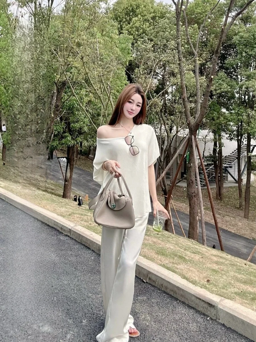 

Летние женские свободные брюки CCZEE с широкими штанинами из имитированного ацетата, имитирующие ткань Ice Skin, повседневные джинсы прямого кроя в пол