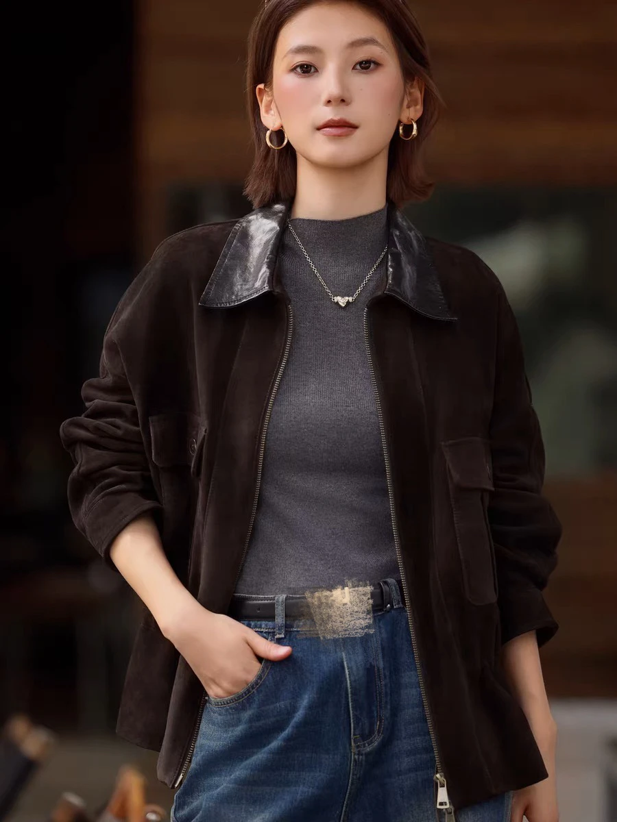2025年冬ブランド キッズ スエードレザージャケット レディース 襟ポケット付き 100%シープスキン スリムフィットコート ベルト付き ブラックシャツ ベスト