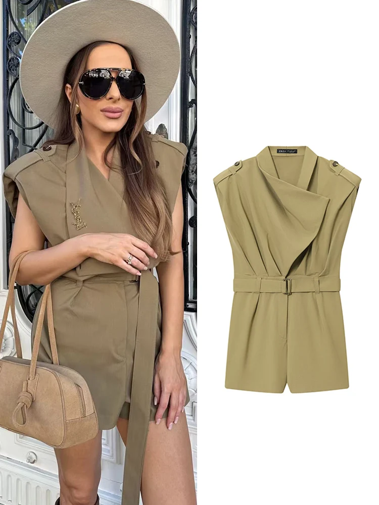 

TFMLN Women Playsuits 2025 Trend Elegant Women's Short Romper Chic Shoulder Pad Jumpsuit Female One Pieces Bodysuit With Belt