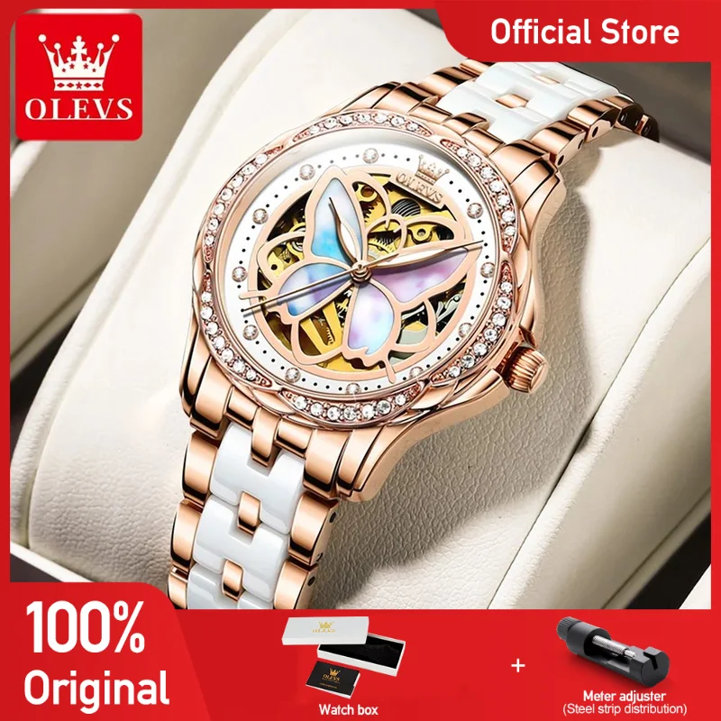 

OLEVS 6615, женские часы, роскошные элегантные оригинальные механические часы, женские часы с циферблатом-бабочкой, керамический ремешок, набор коробок