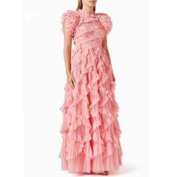 Luxury Pink Tulle Ruched A Line Club Night Prom Dresses O Neck Women Cap Sleeves Custom Evening Gowns Dot Net Formal Party Dress