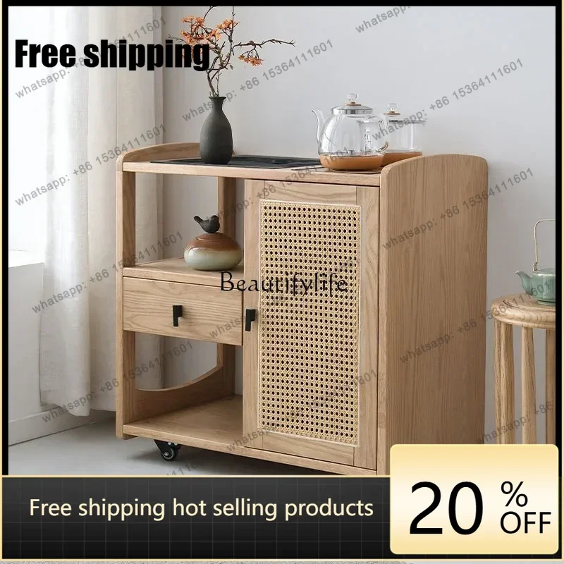 Factory Direct  All solid wood tea cabinet, kettle integrated, wabi sabi wind office mobile side few