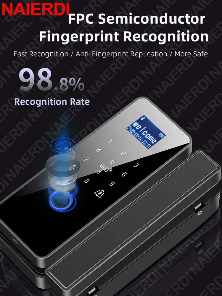 NAIERDI Tuya App Smart Glass Door Lock Bluetooth Fingerprint Password Biometric Keyless Entry Door Handle Security Hardware